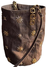 Checked and Embroidery Bucket Bag - Denim Shoulder Bag - Adjustable Strap & Handle - 14x21 cm