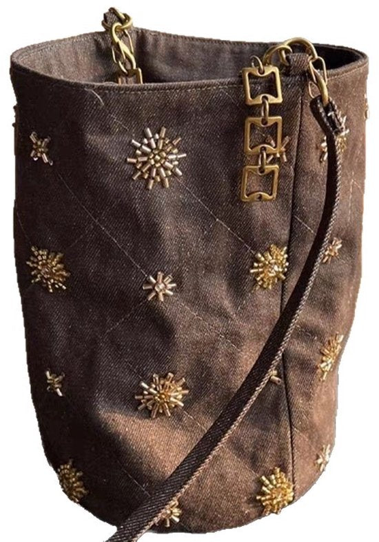 Checked and Embroidery Bucket Bag - Denim Shoulder Bag - Adjustable Strap & Handle - 14x21 cm