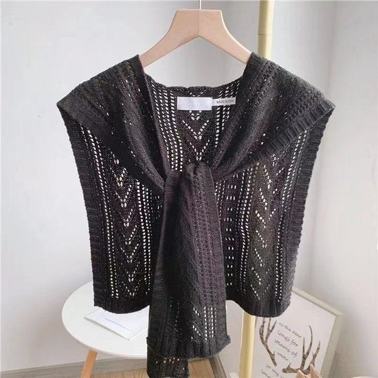 Knitted Openwork Shoulder Dress - Lightweight Cardigan & Scarf in One - Solid Color Goes With Everything - Black