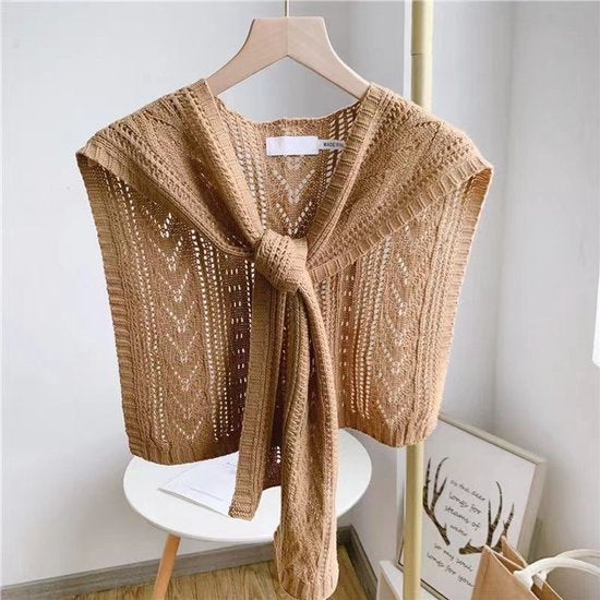 Knitted Openwork Shoulder Dress - Lightweight Cardigan & Scarf in One - Solid Color Goes With Everything - Khaki