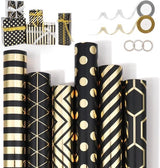 Wrapping Paper Set - 6 Rolls Gold & Black Christmas - Includes Ribbon & Stickers - 43x300 cm Per Roll