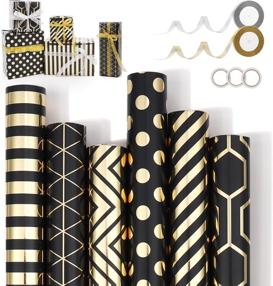 Wrapping Paper Set - 6 Rolls Gold & Black Christmas - Includes Ribbon & Stickers - 43x300 cm Per Roll
