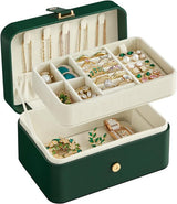 Travel Jewelry Case - 2 Layers with Velvet & Detachable Compartments - For Necklaces, Earrings & Bracelets - Green