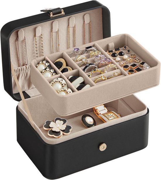 Travel Jewelry Case - 2 Layers with Velvet & Detachable Compartments - For Necklaces, Earrings & Bracelets - Black