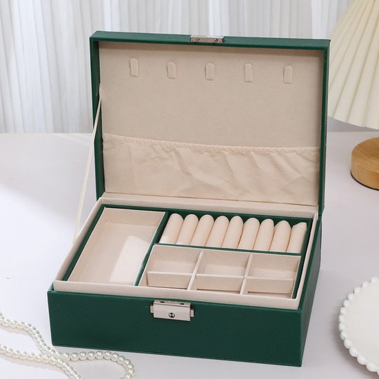 2-Tier Jewelry Box - With Removable Drawer & Lock - Large Storage Capacity for All Jewelry - Green