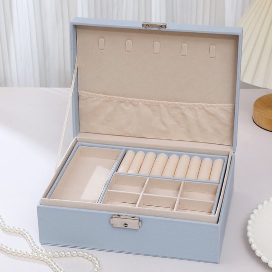 2-Tier Jewelry Box - With Removable Drawer & Lock - Large Storage Capacity for All Jewelry - Blue