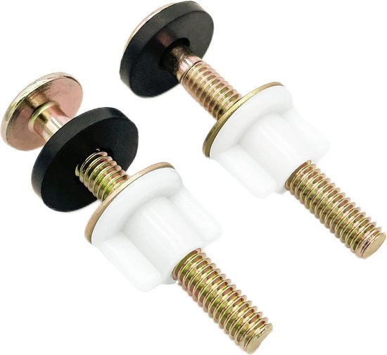 2-Piece Universal Toilet Seat Bolt and Screw Set - Heavy Duty Toilet Seat Hinge - With White Plastic Nut - Metal and Rubber Washers - Replacement parts for top-mounted toilet seat hinge