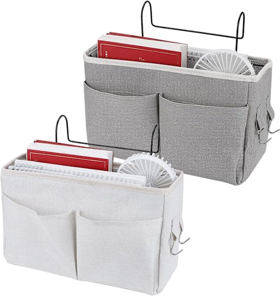 Bedside Organizer - Waterproof Canvas Bedside Organizer - Hanging Bedside Basket - For Home, Office & School Bedside Tables (Gray, White)