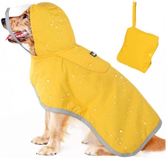 Dog Raincoat - Adjustable - Transparent Hood - Double Layer Dog Raincoat - Reflective Stripes - Storage Compartment - Dog Poncho - Size Medium
