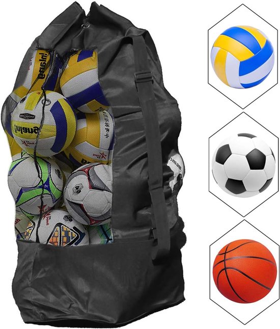 Soccer Net Bag for 10-15 Balls - Large Waterproof, Sturdy Tennis Shoulder Pad, Football-Basketball-Volleyball Bag, Drawstring Handbag - Black