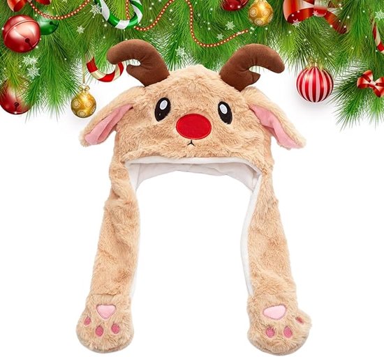Hats - Santa Hats - Plush Santa Hats - Cute Bouncy Ear Warmers - Interactive Animation Design - Suitable for Cosplay, Parties, Music Festivals, Costumes and Accessories - Christmas Gifts - Birthday Gifts