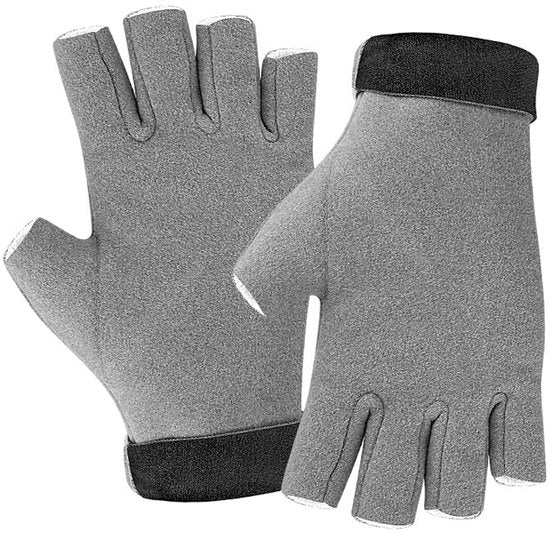 pair of fingerless insulated gloves - One size fits all - Warm and protective for hands - Warm and comfortable - Outdoor winter accessory - Suitable for eating, typing, writing and turning pages - Gray