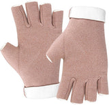 A pair of fingerless insulated gloves - One size fits all - Warm and protective - Cozy and comfortable - Winter outdoor wear - Suitable for eating, typing, writing and turning pages - Pink
