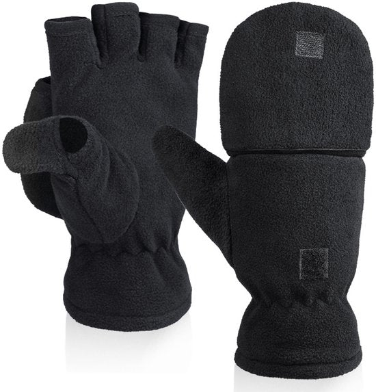 Unisex warm fleece gloves with fold-over top - Half-finger gloves - Warm gloves - Half-finger design - Suitable for writing, cycling, photo sessions with your partner - Winter gloves - Winter gift - Warm - Black XS