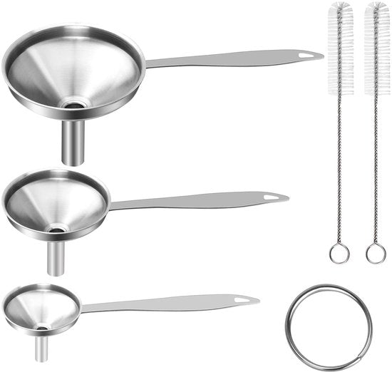 Stainless Steel Funnel Set - Set of 3 - Kitchen Funnels - Various Sizes - Funnels with Long Handles - With 2 Cleaning Brushes - Diameter: 7.5cm/5.5cm/4.5cm - Suitable for kitchen bottles, thermoses, small spice powders and k