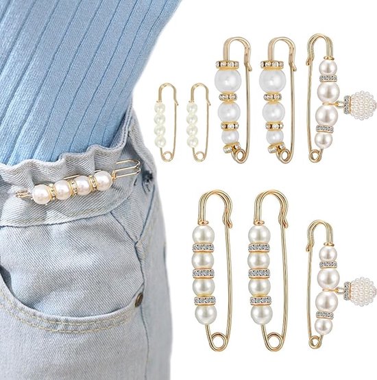 Safety pins - (8 pcs) - Pins - Decorative pins - Brooches - Can be used to fasten clothes, trousers, skirts, vests, necklaces, imitation pearl brooches - Suitable for women and girls - Extension for safety trousers