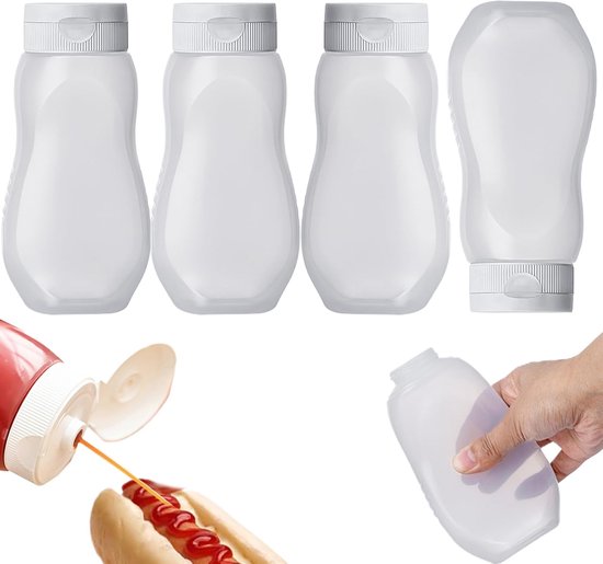 Squeeze Bottles - Pack of 4 - Sauce Bottles - Plastic Bottles with Lid (330g) - BPA Free - Suitable for salad dressings, ketchup, cooking oils - Clear Bottles for Condiments - Leak-Proof Bottles - Food Grade Condiment Bottles