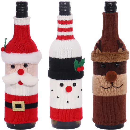 Wine Bottle Decorations - 3 Pieces - Wine Bottle Sleeves - Wine Bottle Bags - Christmas Decorations - Cartoon Knitted Old Man and Snowman Wine Bottle Sleeves - Festive Restaurant Decorations