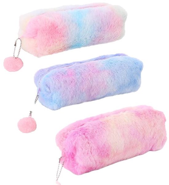 Pencil Cases - 3-Piece - Storage Bags - Fluffy Fleece Pencil Cases - Rainbow Gradient Design - Suitable for girls aged 3 to 12 - Ideal gift for birthdays, graduations and Christmas