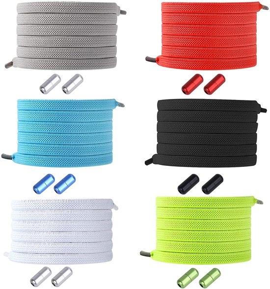 6 pairs - Adjustable - Suitable for adults and children - Elastic laces without a bow (black, white, gray, blue, red, green)