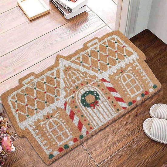 Doormat - Christmas doormat - Non-slip mat - Decorative non-slip mat in the shape of a gingerbread house - Decoration - Festive entrance decoration - doormat - Suitable for festive outdoor and indoor porches, entrances, kitchens, and living rooms (M: 50cm