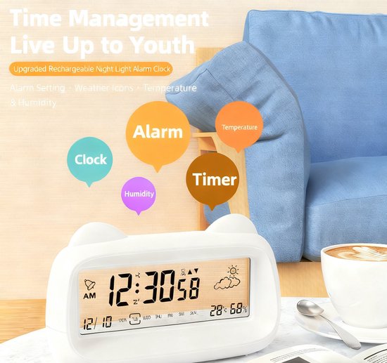 Alarm Clock - Digital Alarm Clock - Digital Clock - Smart Alarm Clock - Electronic Calendar - Cat-shaped Alarm Clock with Light - Real-time Temperature and Humidity Monitoring - Weather Display - Large Night Light Screen - USB Charging（Blue）