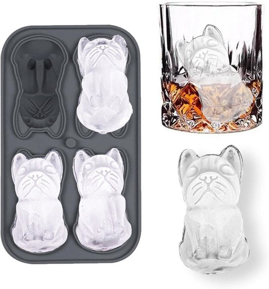 3D French Bulldog Ice Cube Mold - With Integrated Funnel - Cute Dog Shape - Silicone & Easy De-molding