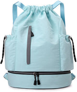 Drawstring Backpack - Waterproof Sports Bag - Lightweight Sports Backpack - With Shoe Compartment - Unisex - Suitable for Basketball, Football, Swimming and Travel - Blue