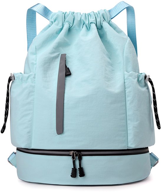 Drawstring Backpack - Waterproof Sports Bag - Lightweight Sports Backpack - With Shoe Compartment - Unisex - Suitable for Basketball, Football, Swimming and Travel - Blue