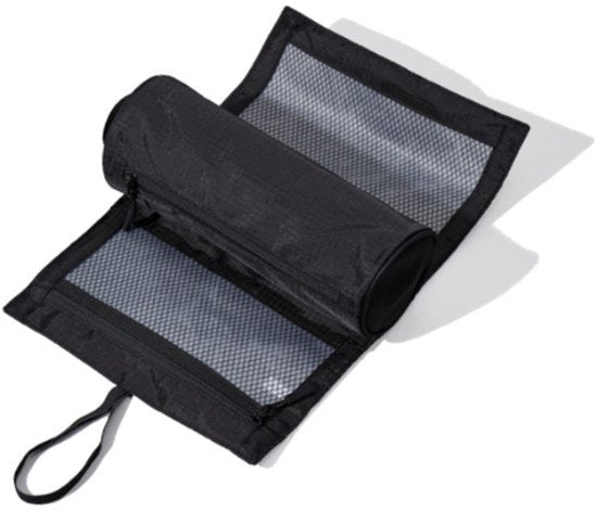 Foldable Toiletry Bag with Hanging Hook - Waterproof Travel Wash Bag - with Multiple Compartments & Mesh - Compact Makeup and Toiletry Bag for Vacation, Sports and Camping - Black