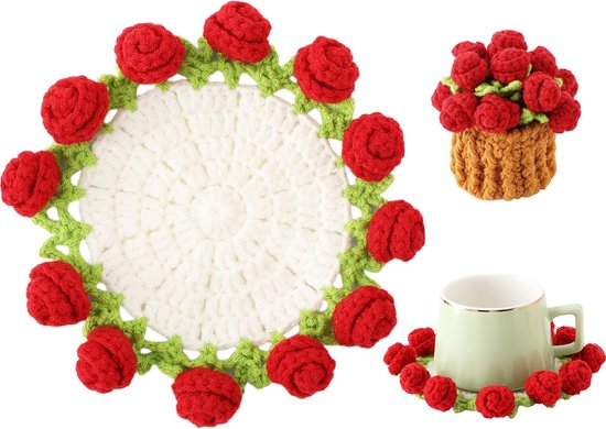 Coasters - Mini Basket Included - Floral Coasters - Vintage Rose Design - Suitable for coffee tables, weddings, housewarming parties, birthdays, etc.（Red）