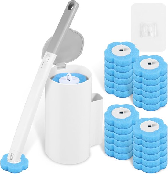 Toilet Brush Set with 24 Replaceable Heads - 360° Cleaning & Pre-assembled Cleaning Solution - Includes Storage Station