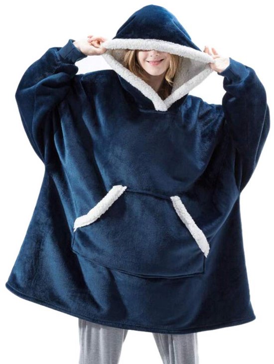 Hooded Blanket with Sleeves - Soft Sherpa Fleece - For Adults - As Homewear & Sleeping Robe - Blue