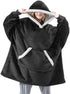 Hooded Blanket with Sleeves - Soft Sherpa Fleece - For Adults - As Homewear & Sleeping Robe - Black