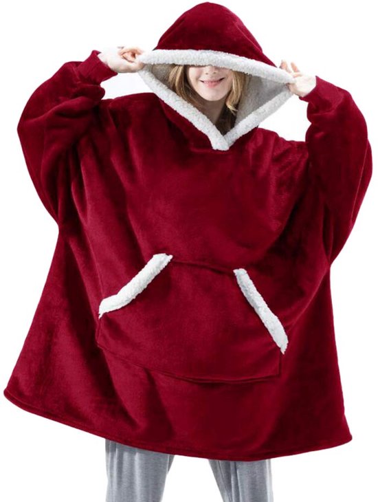 Hooded Blanket with Sleeves - Soft Sherpa Fleece - For Adults - As Homewear & Sleeping Robe - Red