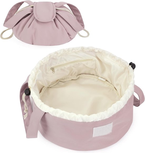 Foldable Drawstring Makeup Bag - Multifunctional Portable Travel Storage Bag for Cosmetics, Toiletry Bags & Accessories, Compact Durable Fabric Bag for Living Room, Shower Table & Travel（Pink）