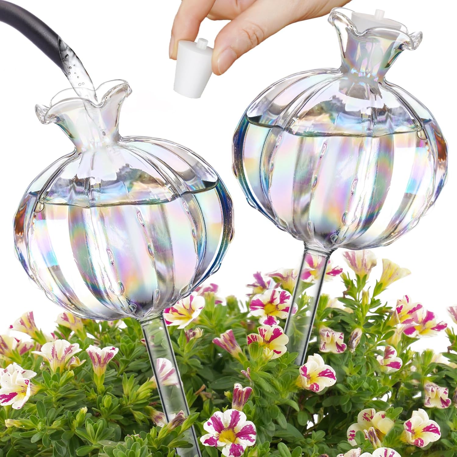 Large Plant Watering Balls (2-Pack), Iridescent Glass Cactus Self-Watering Globe, Glass Watering Device for Potted Plants - 4.7 oz/140 ml Capacity, Automatic Irrigation System, Cute Garden Gift