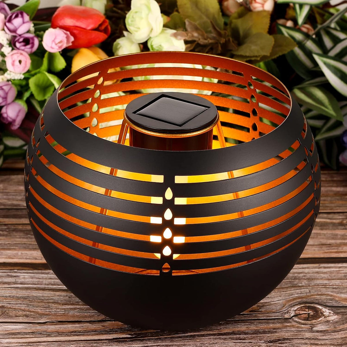Waterproof outdoor solar lanterns, solar table lamp for outdoor patio, metal pot with warm yellow dancing and flickering flame light, decorative LED table lamp for garden decor, landscape, yard