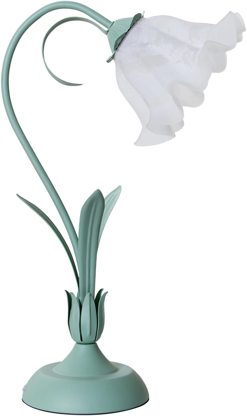 Green glass table lamp, flower table lamp, modern flower shape, metal top with glass lampshade, bedside table, desk lamp for bedroom, girl's room, living room, bedroom, office (green)