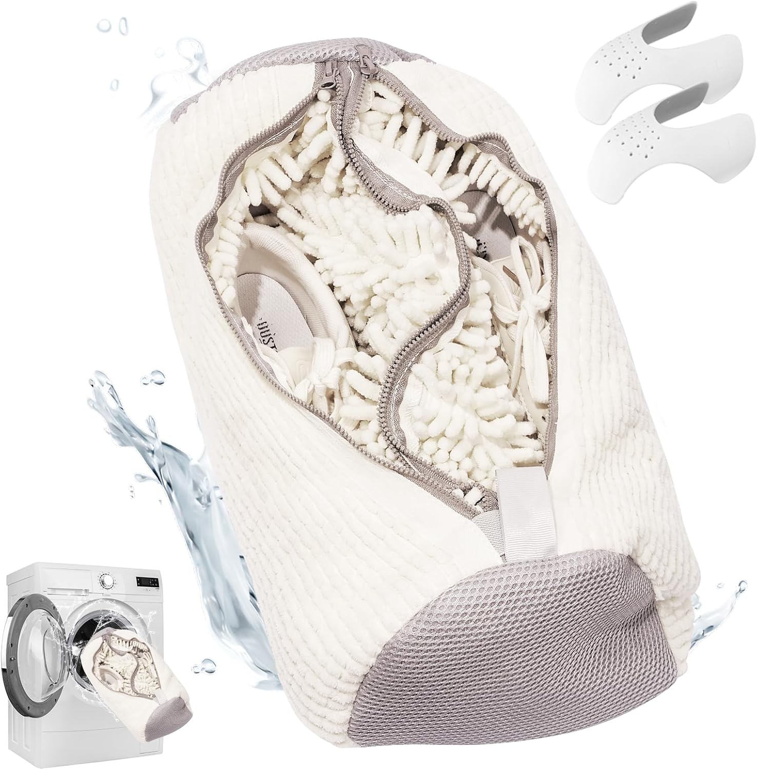 Shoe Wash Bag - Double Pocket with Concealed Zipper - For Machine Washing - 360 Degree Cleaning - White Color