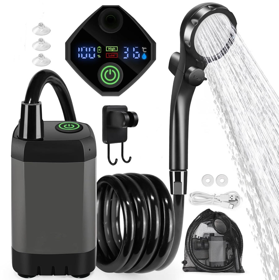 Portable Shower Pump with Rechargeable 6000mAh Battery - Outdoor Shower IPX7 Waterproof - With Temperature Display - Suitable for Camping, Car Washing and Pet Washing (Gray)
