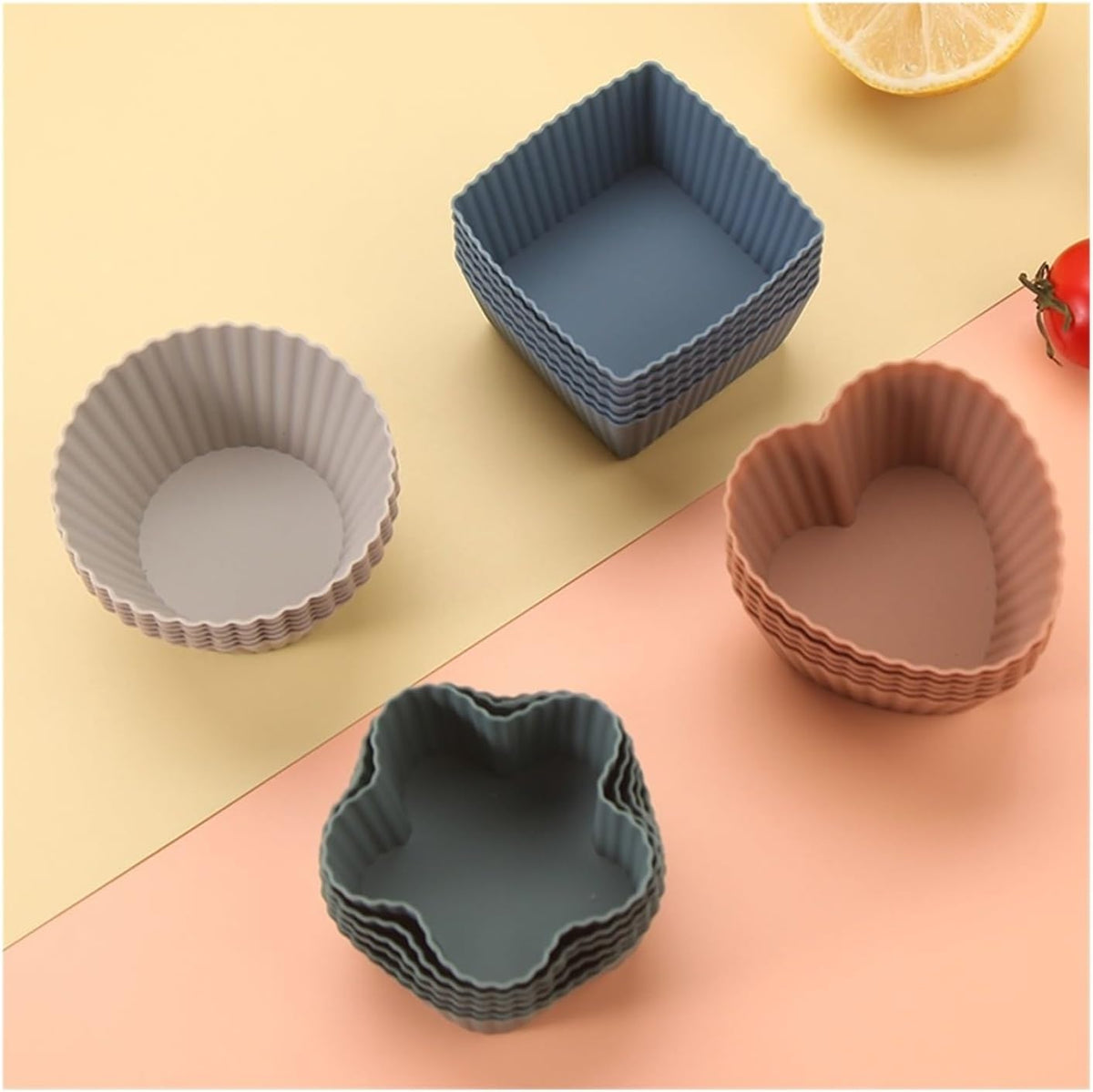 Paper Cupcake Cases – Mini Baking Pan – Mini Cake Molds – Baking Tools – Round, Square & Heart Shaped Silicone Molds – Heat Resistant, Reusable, Flexible and Non-Stick – Perfect for Baking, Parties & Birthdays – Pack of 24