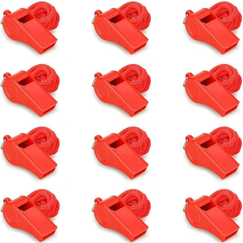 Emergency Whistles with Lanyard - Set of 12 - Loud & Clear Sound - Safety Whistles for Sports & Self-Defense - Red