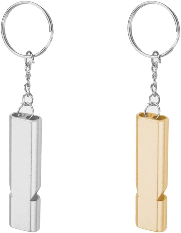 Metal Emergency Whistle - Set of 2 - With Keychain - Loud Signal for Sports, Outdoors & Safety - Silver and Gold