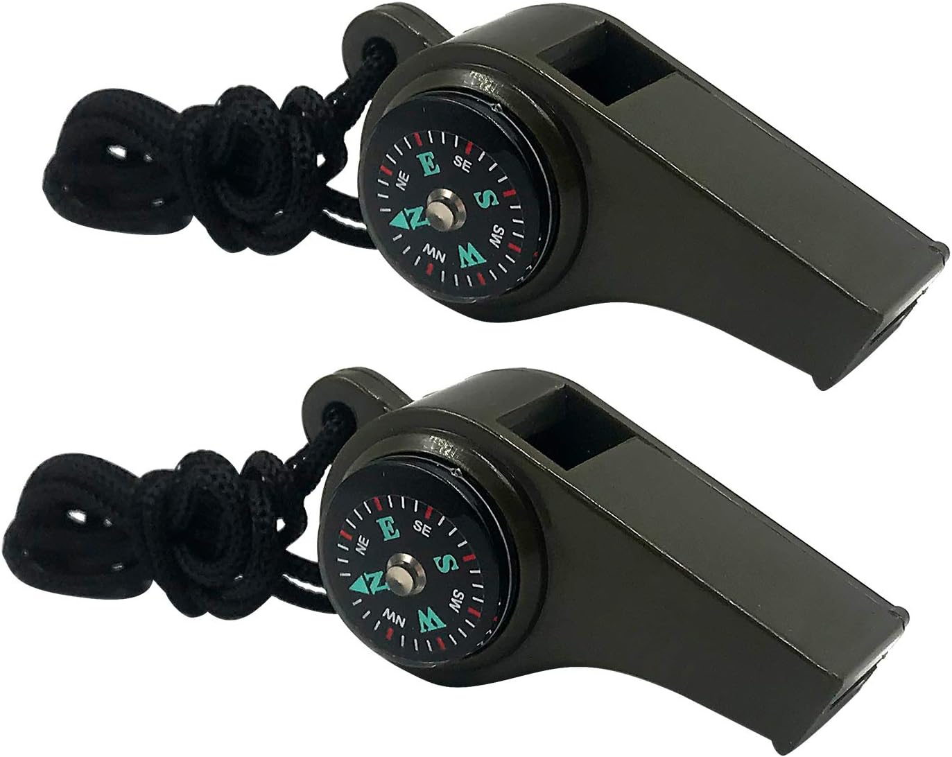 3-in-1 Emergency Whistle with Compass & Thermometer - Set of 2 - Includes Lanyard - Safety Whistle for Outdoor, Hiking & Camping - Green