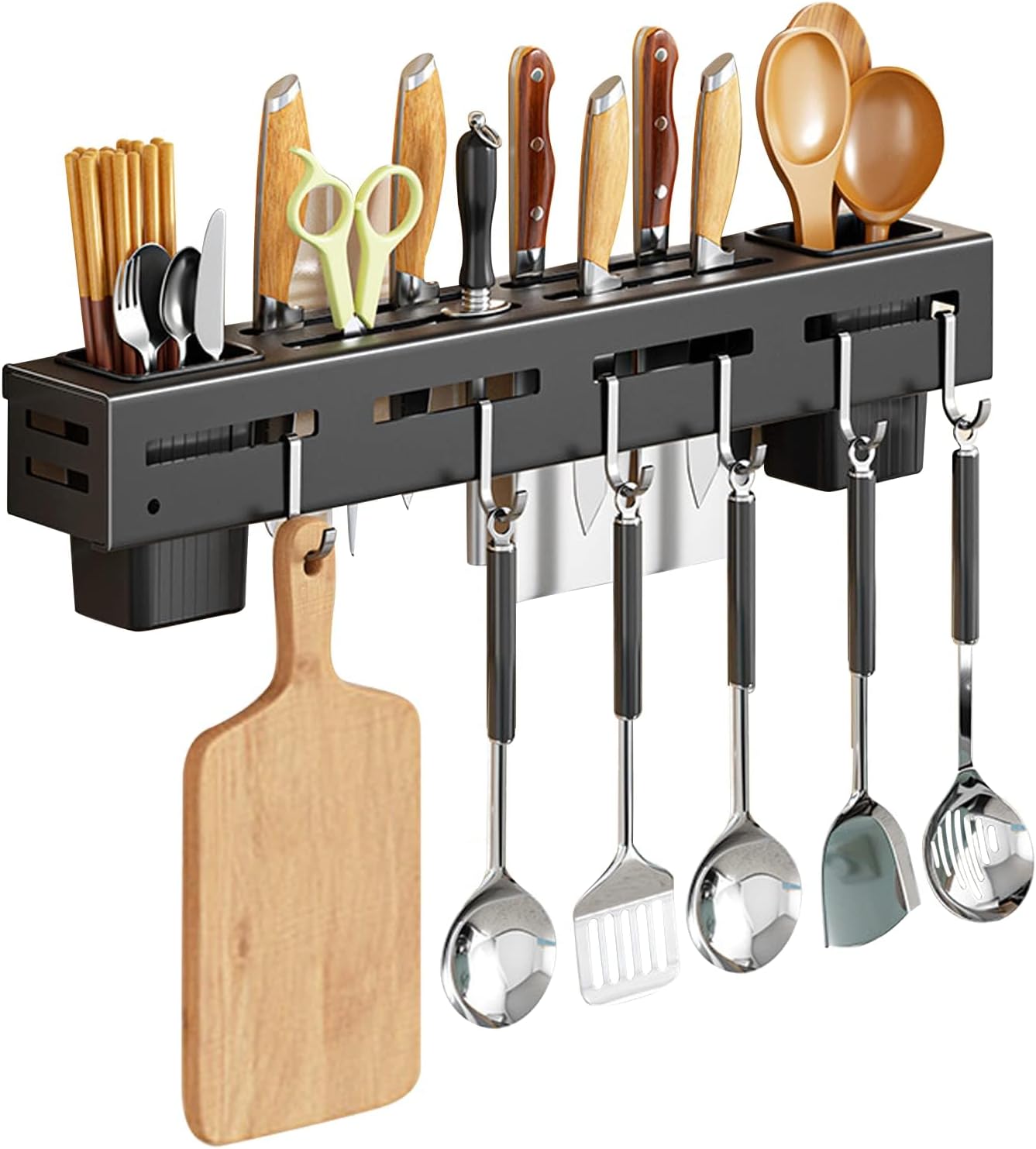 Stainless Steel Kitchen Rack No Drilling - Kitchen Rail with 6 Hooks - Self-Adhesive Hanging System - Kitchen Utensil Holder - Black