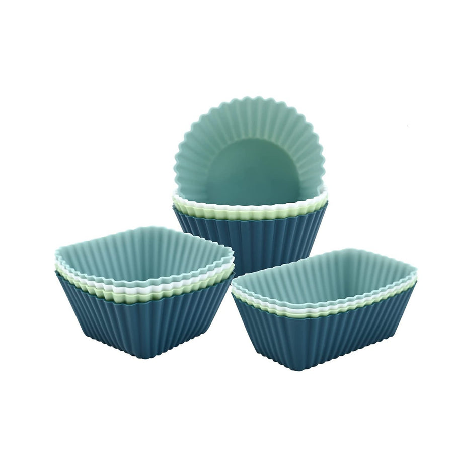 Silicone Muffin Mold Set - 12 Pieces - Reusable Cupcake Molds - Round, Square & Rectangular - Blue