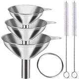 Stainless Steel Funnel Set of 3 - Includes 2 Cleaning Brushes - Kitchen Funnels with Handle - For Liquids, Oil & Spices