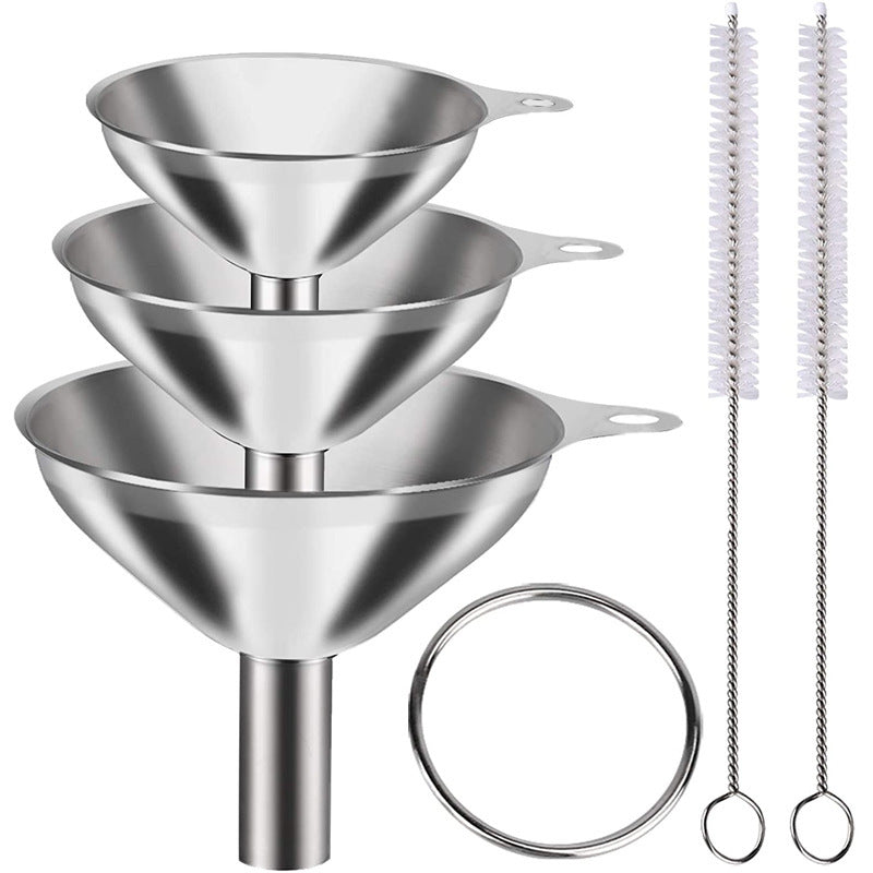 Stainless Steel Funnel Set of 3 - Includes 2 Cleaning Brushes - Kitchen Funnels with Handle - For Liquids, Oil & Spices