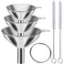 Stainless Steel Funnel Set of 3 - Includes 2 Cleaning Brushes - Kitchen Funnels with Handle - For Liquids, Oil & Spices
